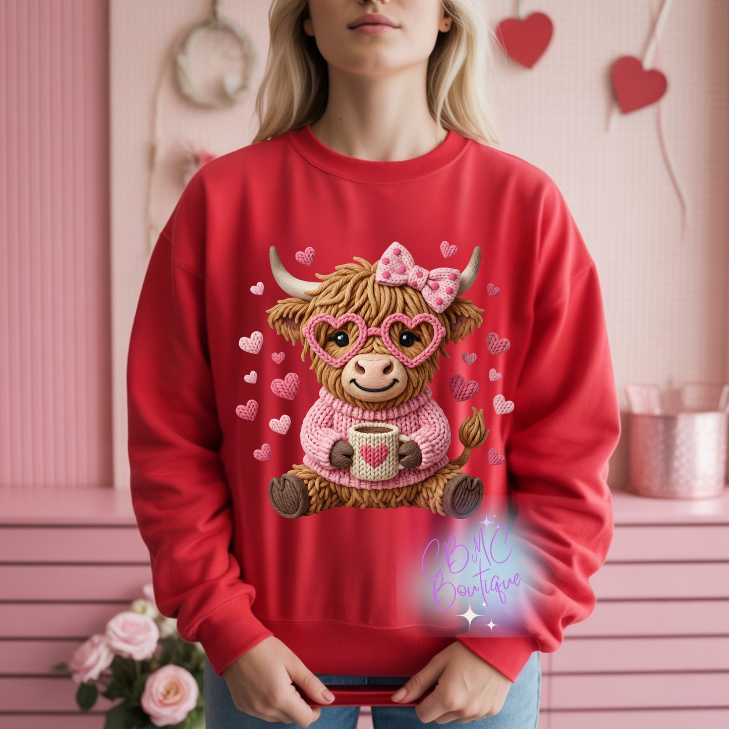 Faux Yarn Highland Valentines Cow- DTF Transfer