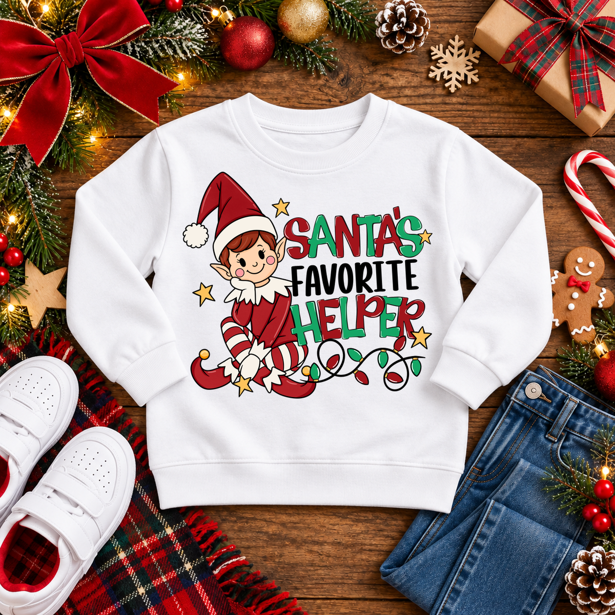 Santa's Favorite Helper Classic Red Elf – Auburn Hair Christmas sweatshirt in White