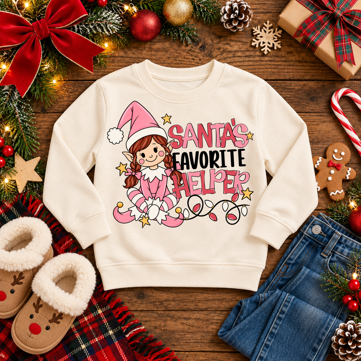 Santa's Favorite Helper Pink Elf – Auburn Braids Christmas sweatshirt in Cream