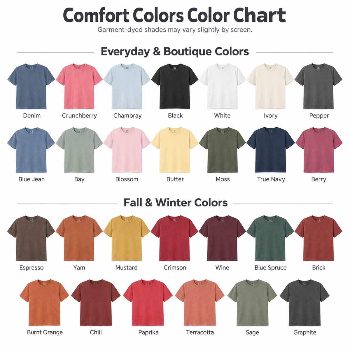 Comfort Colors color guide. Available for this tee: Ivory, White, Blossom, Butter, Bay, Chambray, Pepper and Espresso.