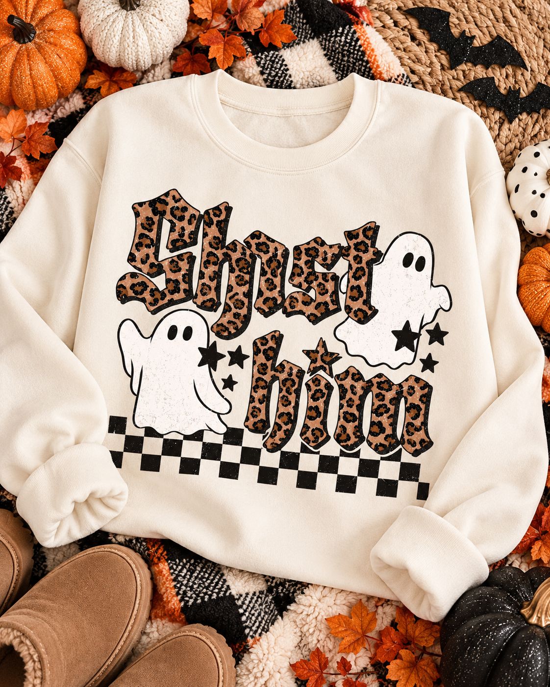 Ghost Him leopard Halloween graphic on a cozy fall sweatshirt flat lay