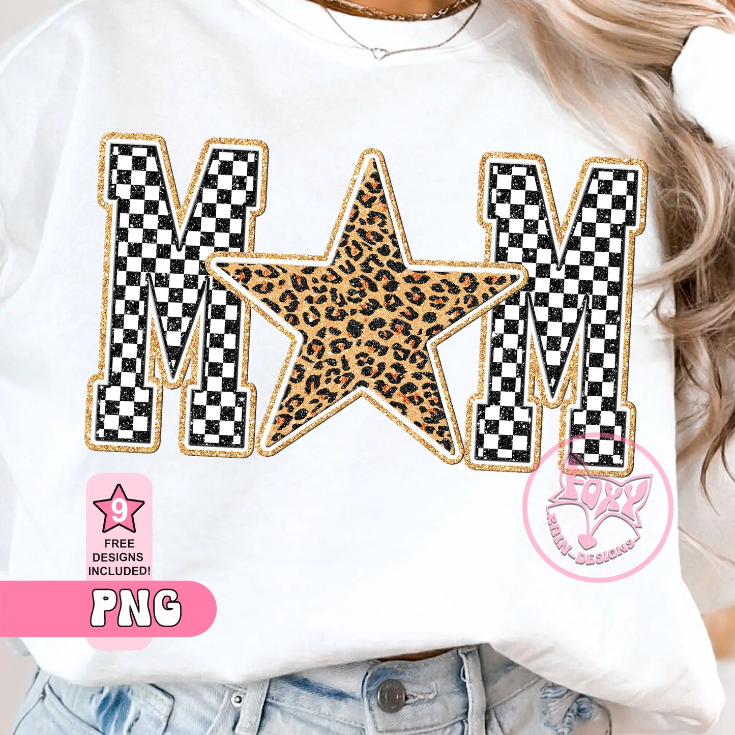 Checkered Black and Gold Glitter Sequin Faux Embroidery Mom
