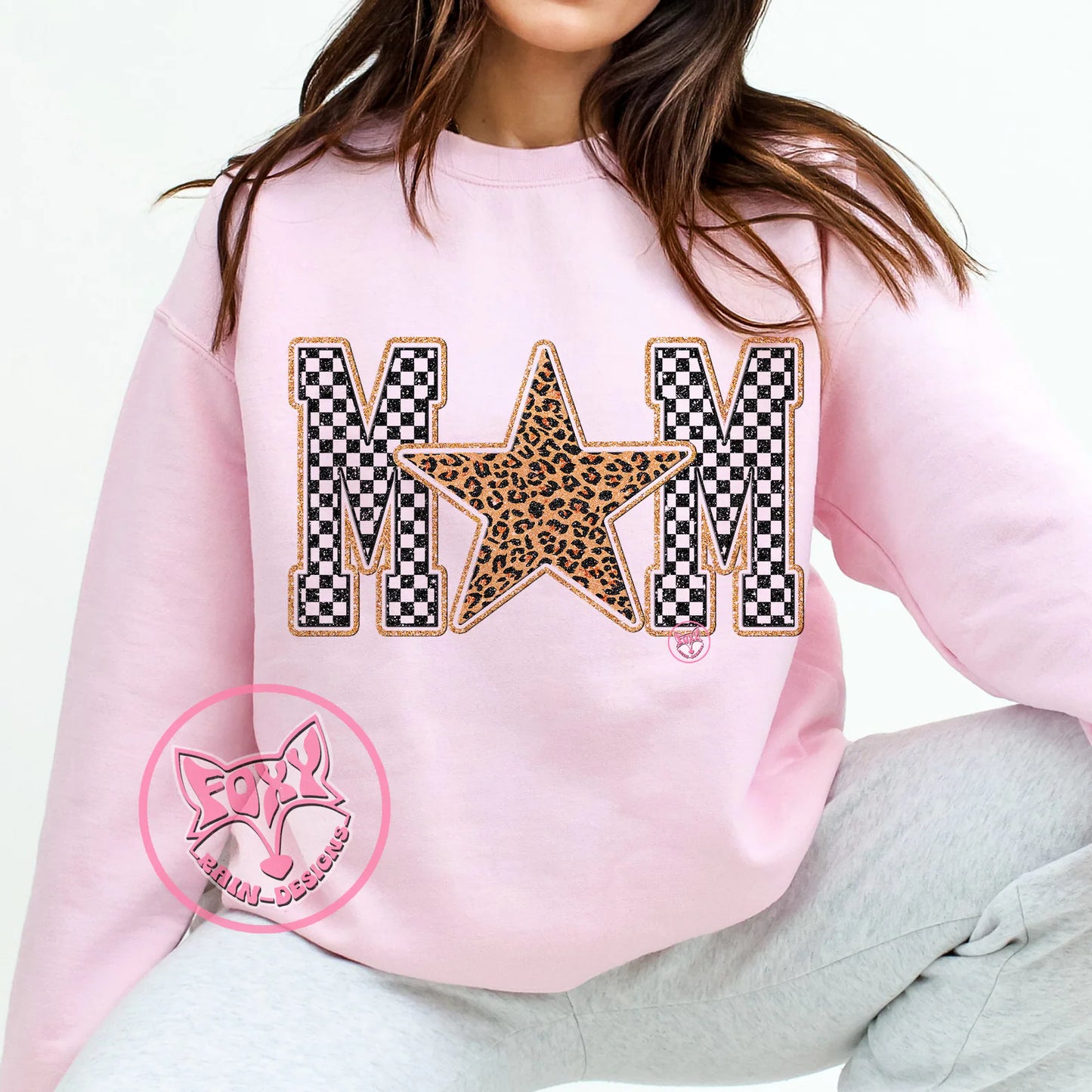 Checkered Black and Gold Glitter Sequin Faux Embroidery Mom