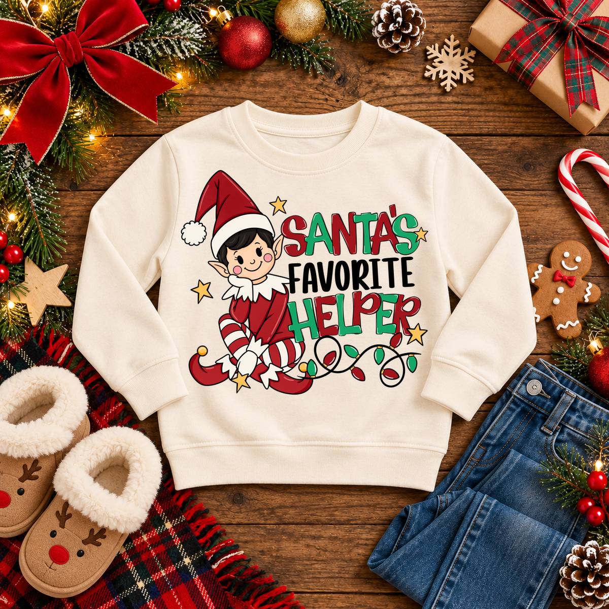 Santa's Favorite Helper Classic Red Elf – Dark Hair Christmas sweatshirt in Cream