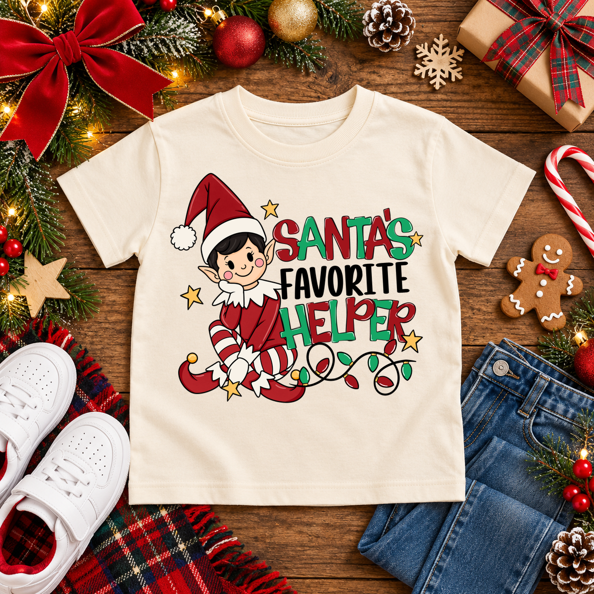 Santa's Favorite Helper Classic Red Elf – Dark Hair Christmas T-shirt in Cream