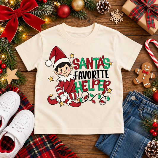 Santa's Favorite Helper Classic Red Elf – Dark Hair Christmas T-shirt in Cream