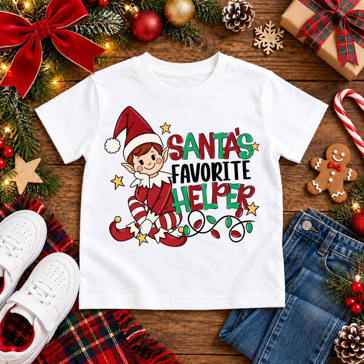 Santa's Favorite Helper Classic Red Elf – Auburn Hair Christmas T-shirt in White