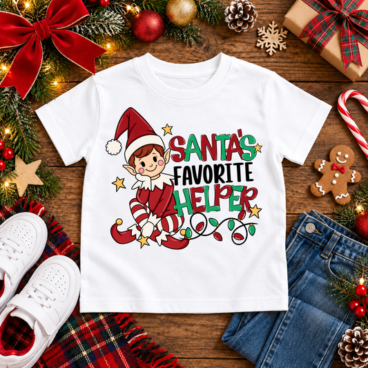 Santa's Favorite Helper Classic Red Elf – Auburn Hair Christmas T-shirt in White