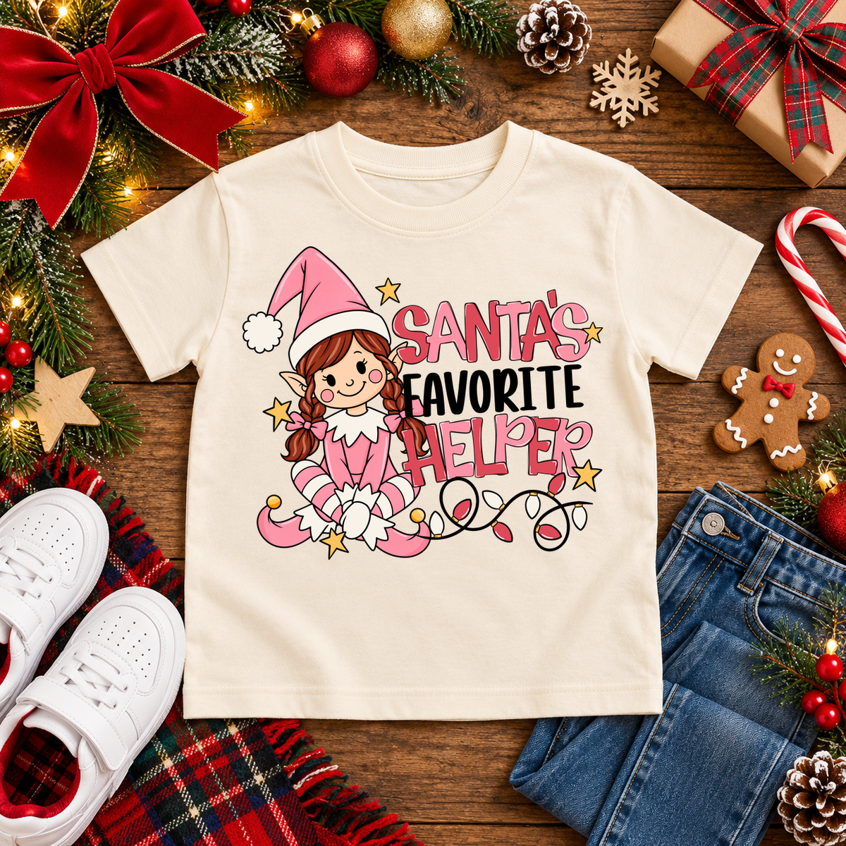 Santa's Favorite Helper Pink Elf – Auburn Braids Christmas T-shirt in Cream