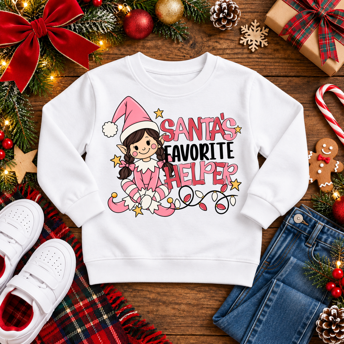Santa's Favorite Helper Pink Elf – Dark Braids Christmas sweatshirt in White