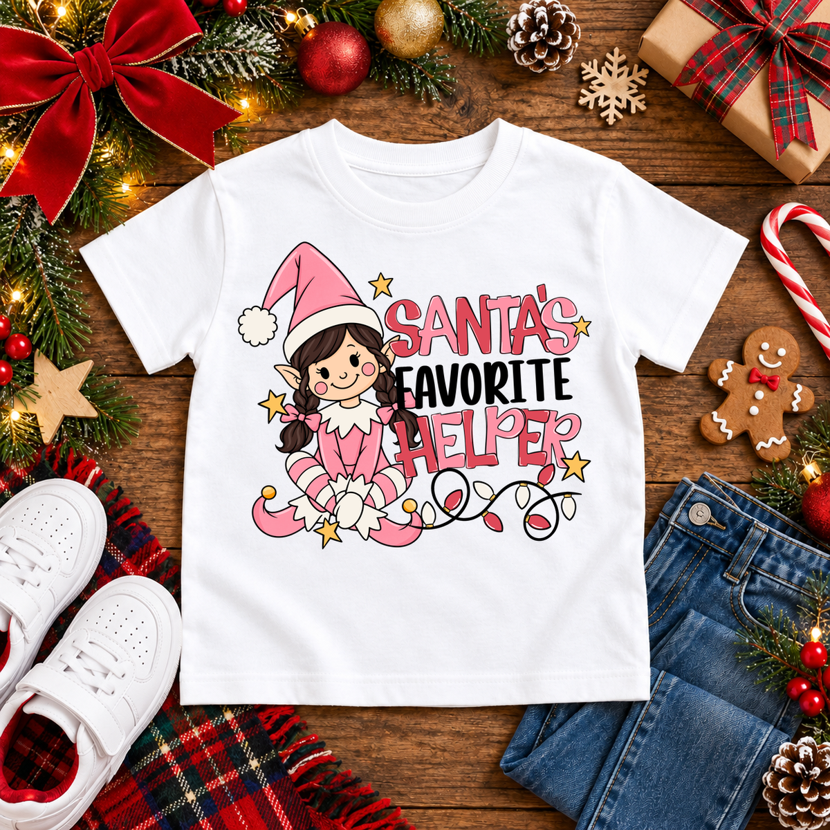 Santa's Favorite Helper Pink Elf – Dark Braids Christmas T-shirt in White