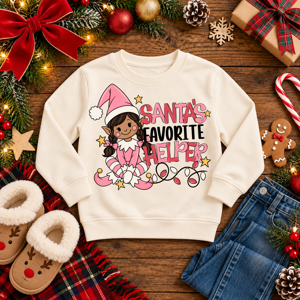 Santa's Favorite Helper Pink Elf – Warm Brown Skin Christmas sweatshirt in Cream