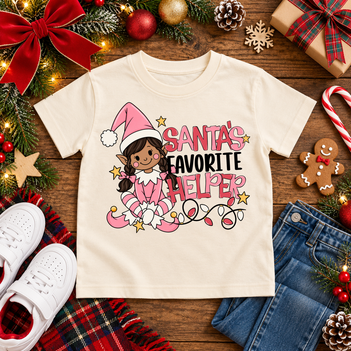 Santa's Favorite Helper Pink Elf – Warm Brown Skin Christmas T-shirt in Cream