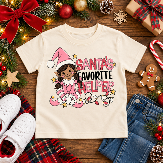 Santa's Favorite Helper Pink Elf – Warm Brown Skin Christmas T-shirt in Cream
