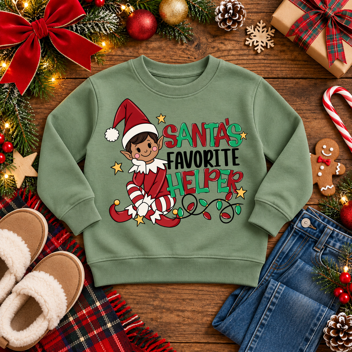 Santa's Favorite Helper Classic Red Elf – Warm Brown Skin Christmas sweatshirt in Bay