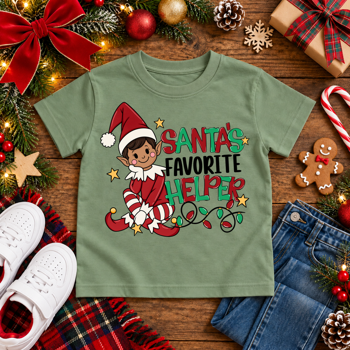 Santa's Favorite Helper Classic Red Elf – Warm Brown Skin Christmas T-shirt in Bay