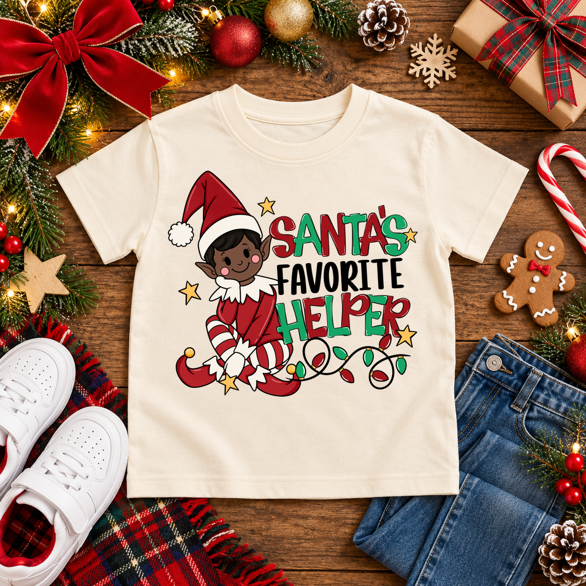 Santa's Favorite Helper Classic Red Elf – Deep Brown Skin Christmas T-shirt in Cream