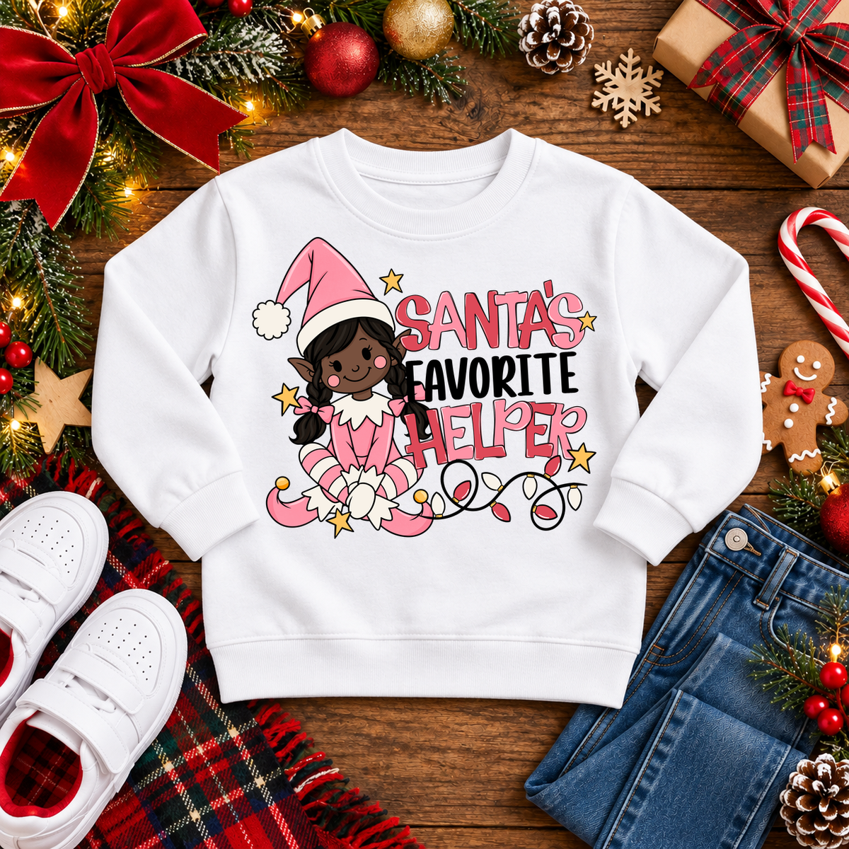 Santa's Favorite Helper Pink Elf – Deep Brown Skin Christmas sweatshirt in White
