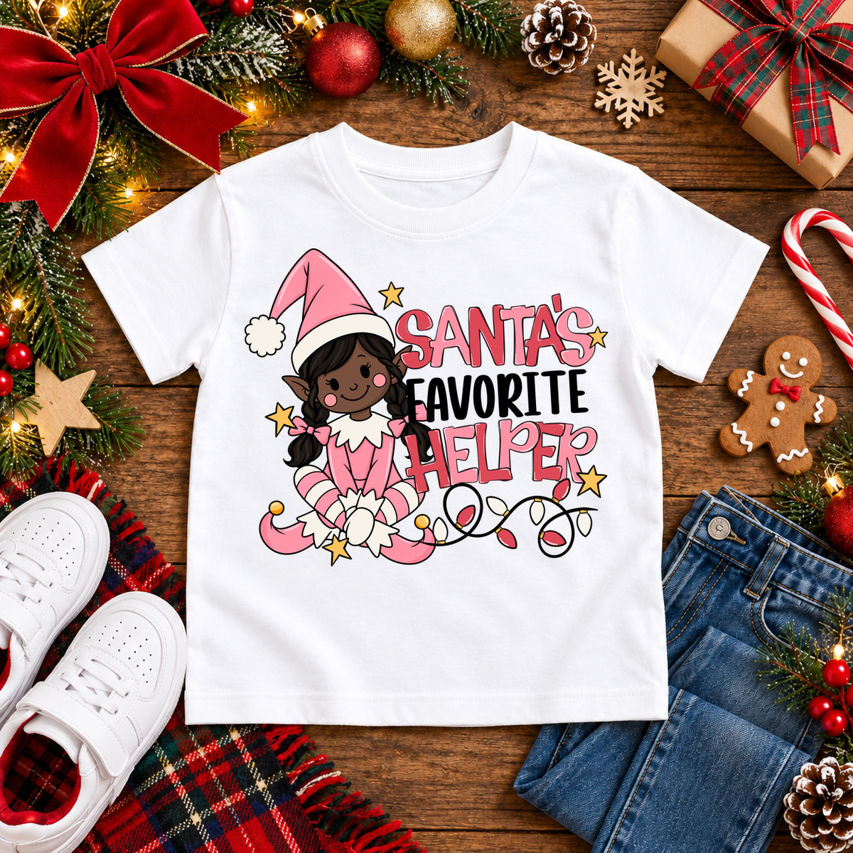 Santa's Favorite Helper Pink Elf – Deep Brown Skin Christmas T-shirt in White