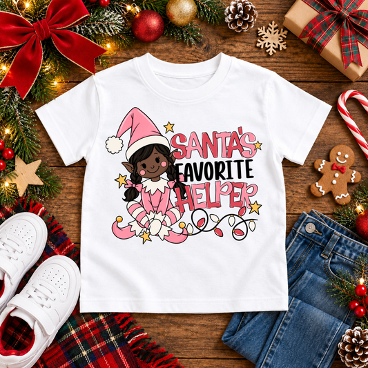 Santa's Favorite Helper Pink Elf – Deep Brown Skin Christmas T-shirt in White