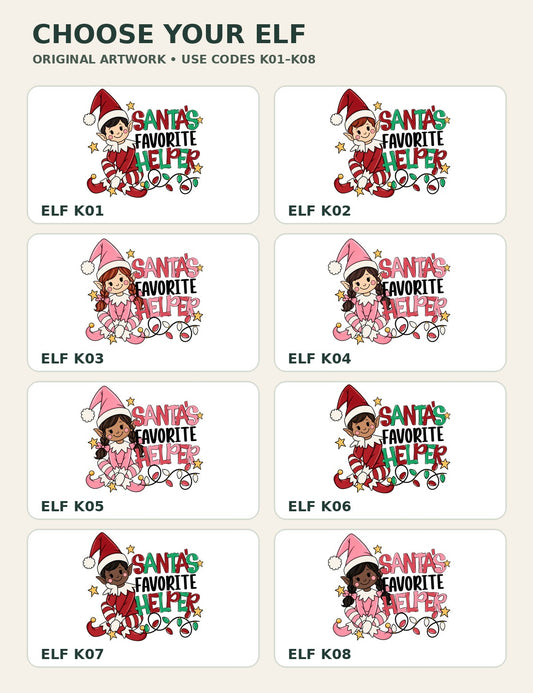 Eight original Santa's Favorite Helper DTF designs, labeled K01 through K08