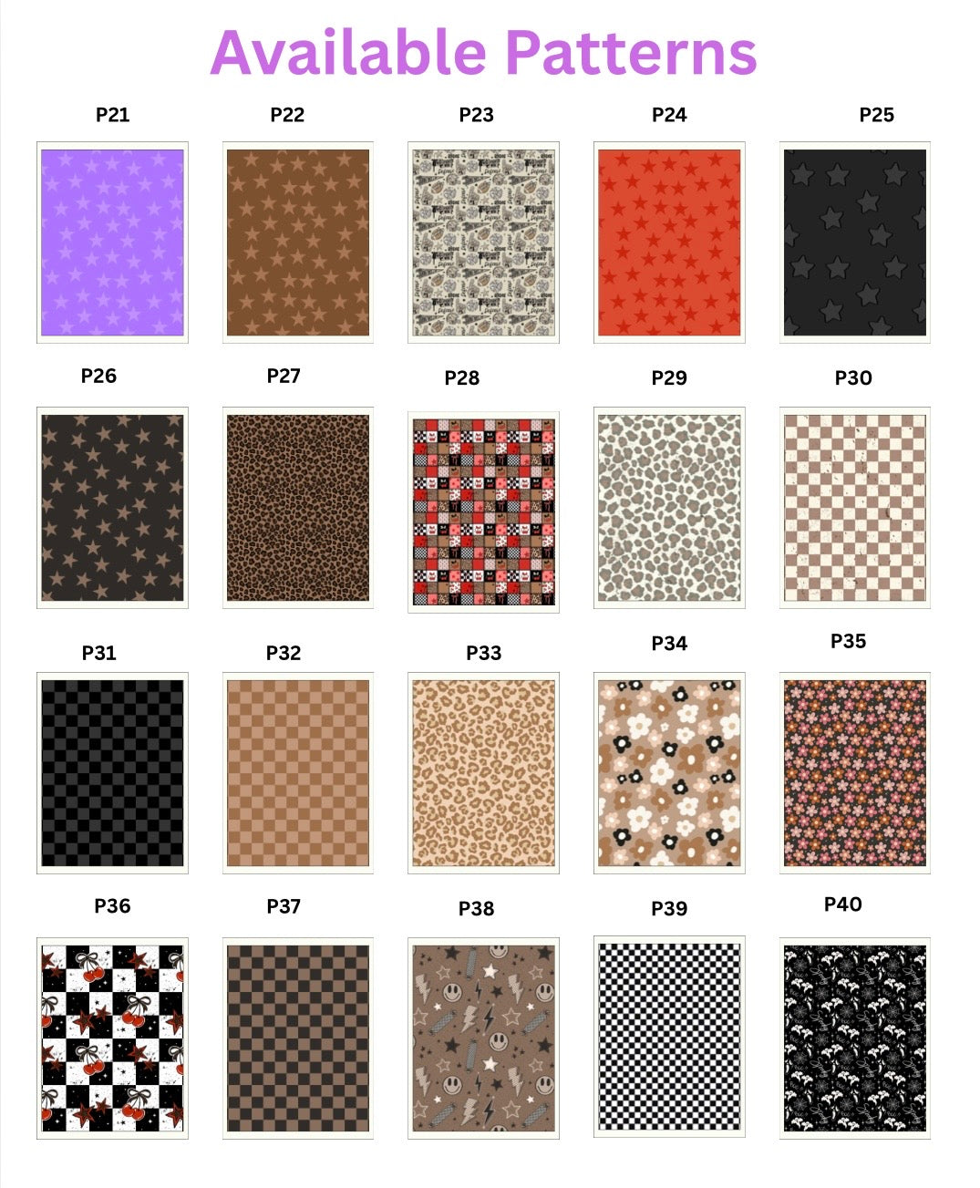 Available badge holder patterns P21 through P40