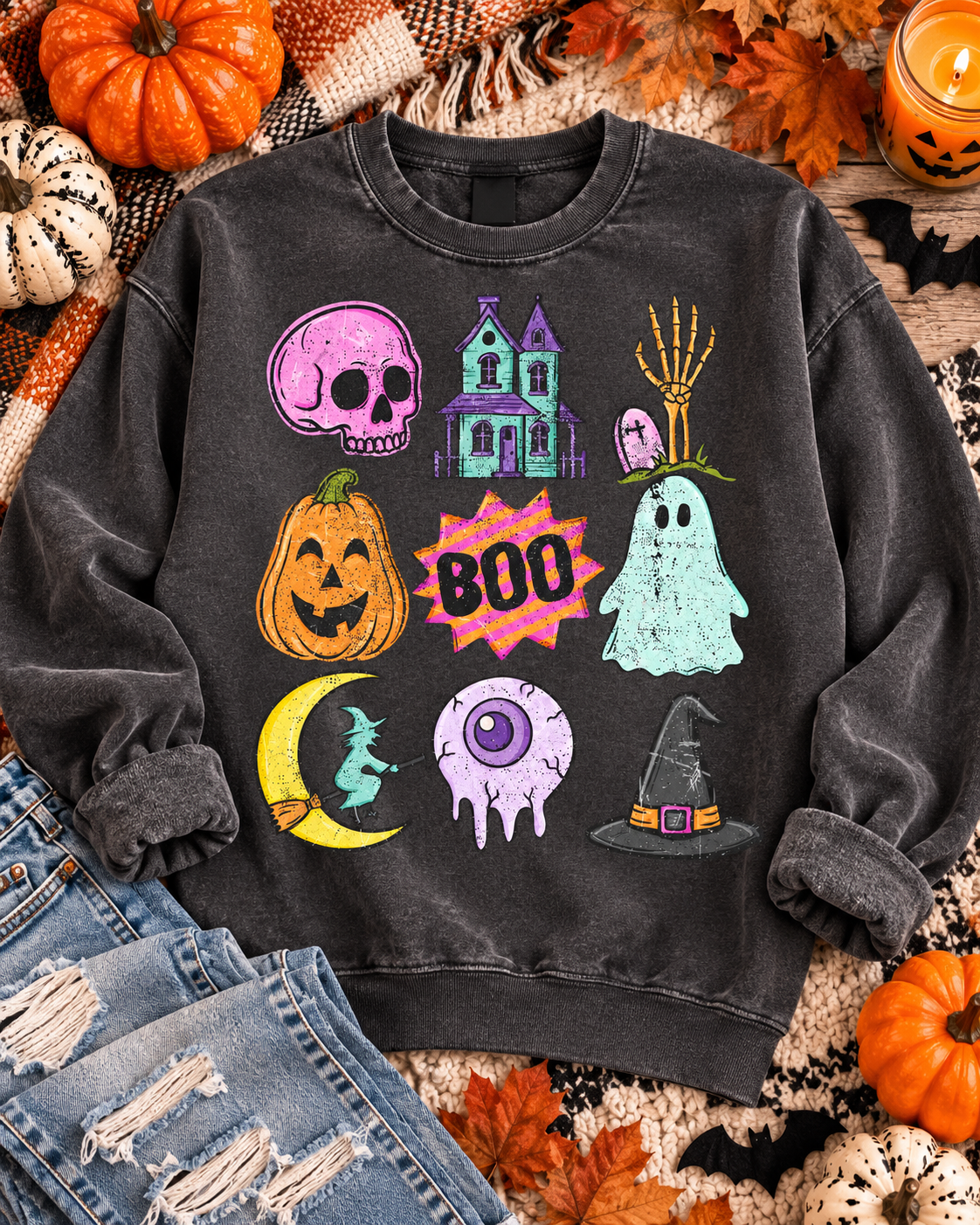 Colorful BOO Halloween collage graphic on a cozy fall sweatshirt flat lay
