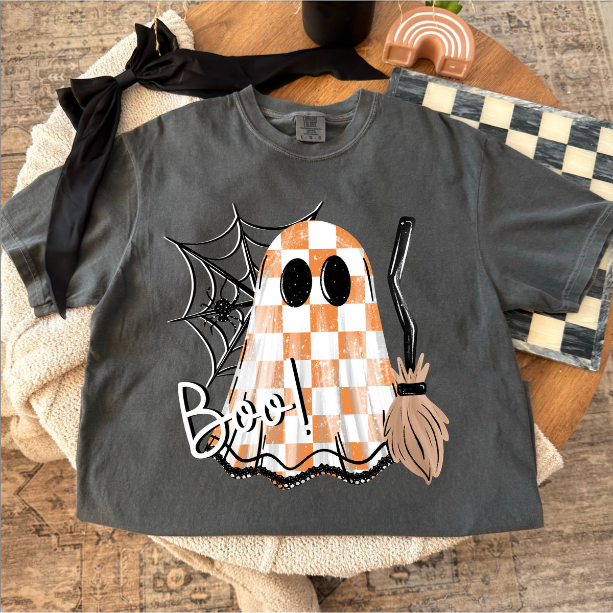 Comfort Colors T-shirt flat lay mockup featuring boo checkered ghost design