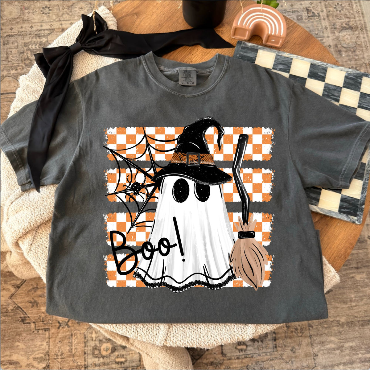 Comfort Colors T-shirt flat lay mockup featuring boo witch ghost design