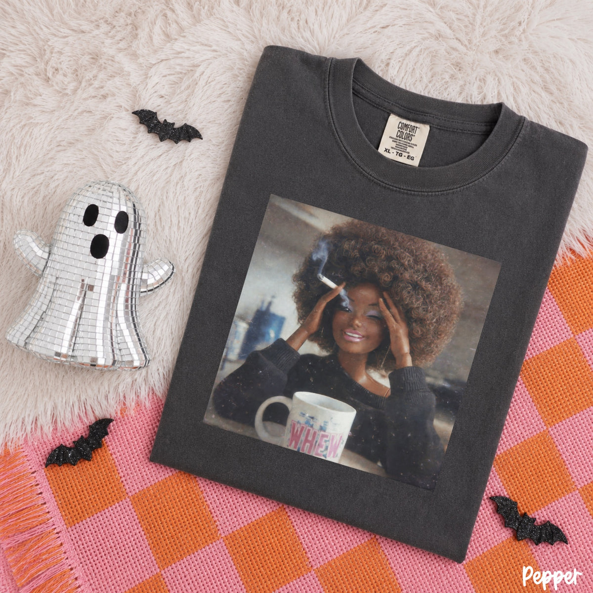 Comfort Colors Pepper T-shirt mockup featuring a glamorous woman with coffee and a smoky mood