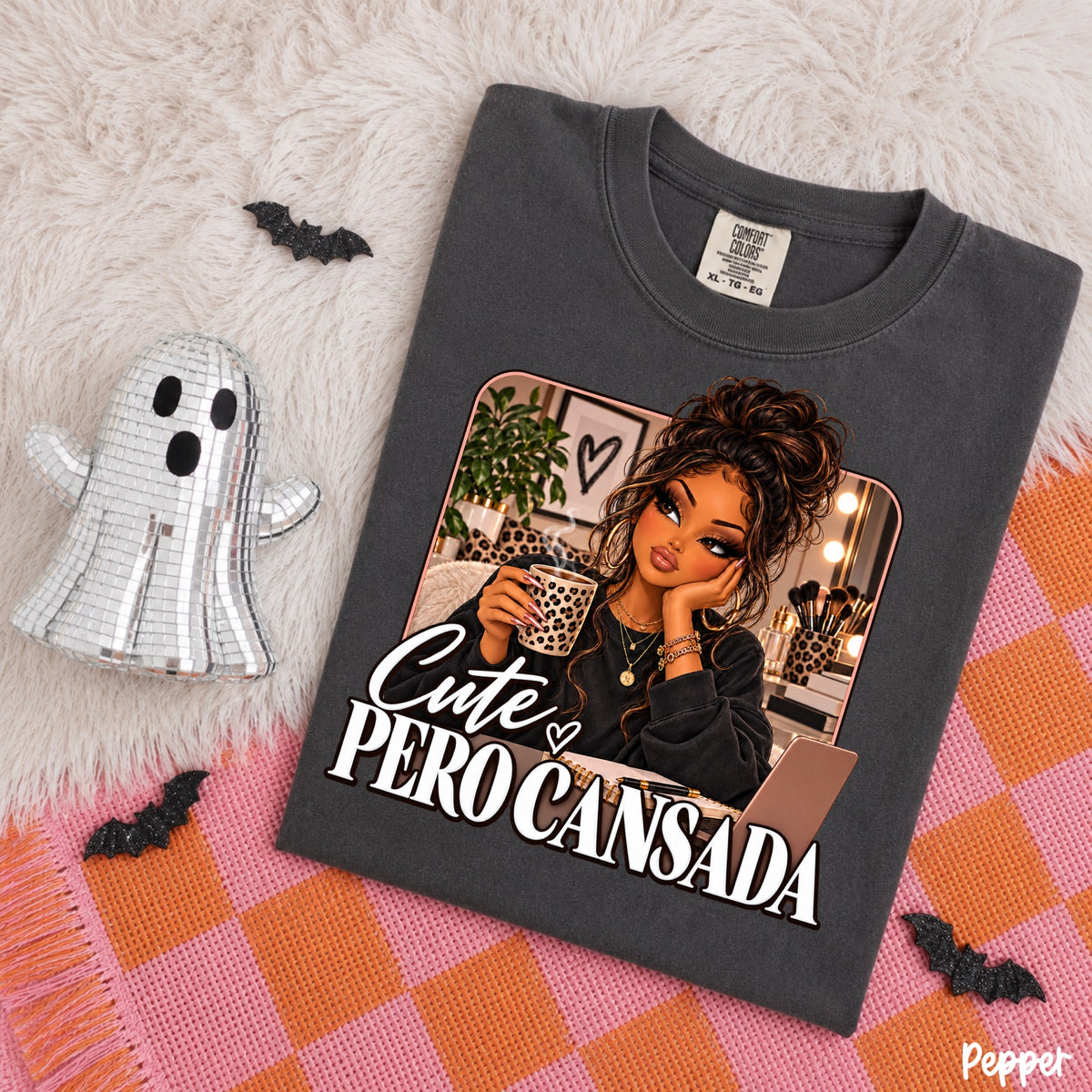 Comfort Colors Pepper T-shirt mockup featuring a woman with coffee and the words Cute Pero Cansada