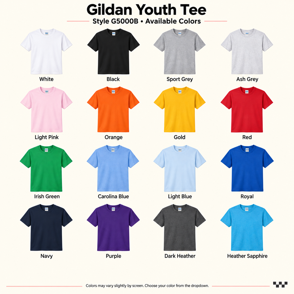 Gildan G5000B youth T-shirt color guide; screen colors may vary