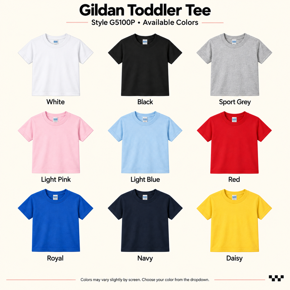 Gildan G5100P toddler T-shirt color guide; screen colors may vary