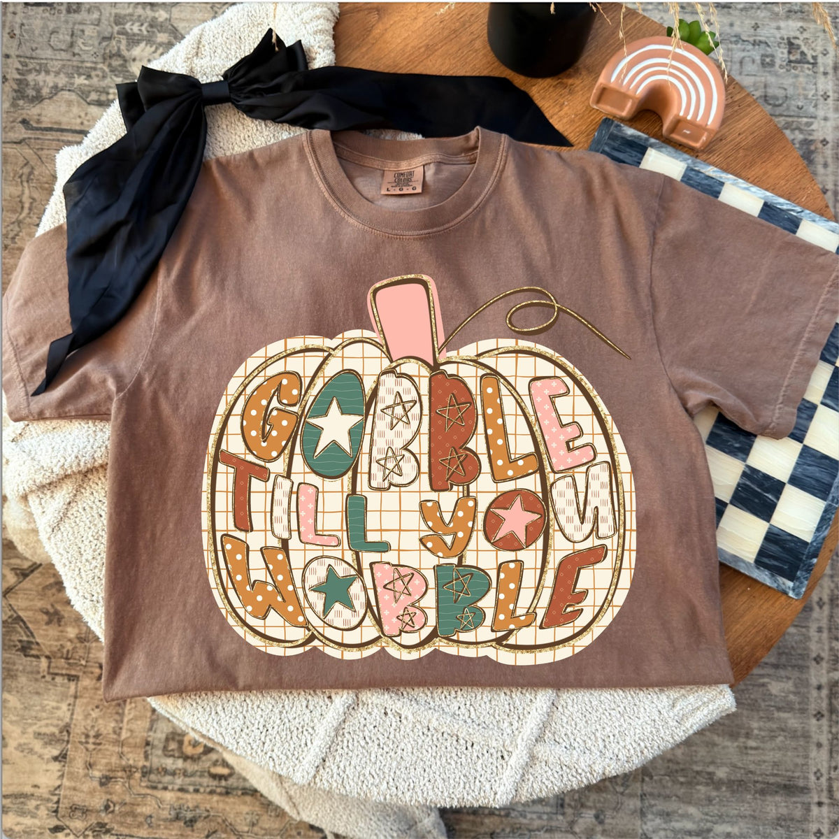 Comfort Colors T-shirt flat lay mockup featuring gobble till you wobble design