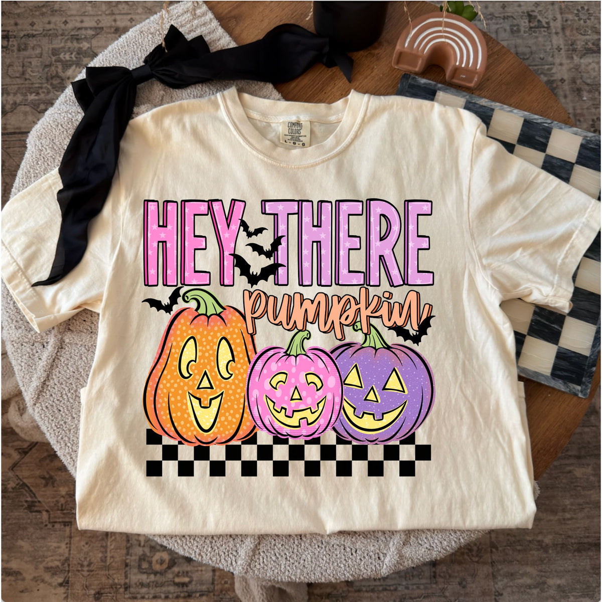 Comfort Colors T-shirt flat lay mockup featuring hey there pumpkin design