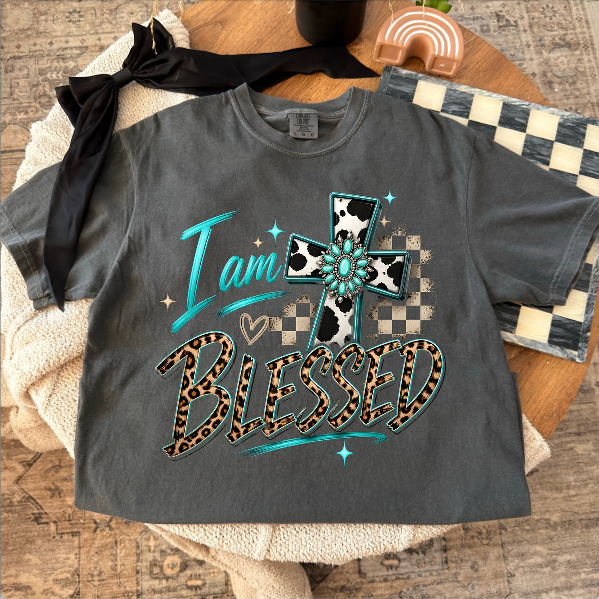 Comfort Colors T-shirt flat lay mockup featuring i am blessed design