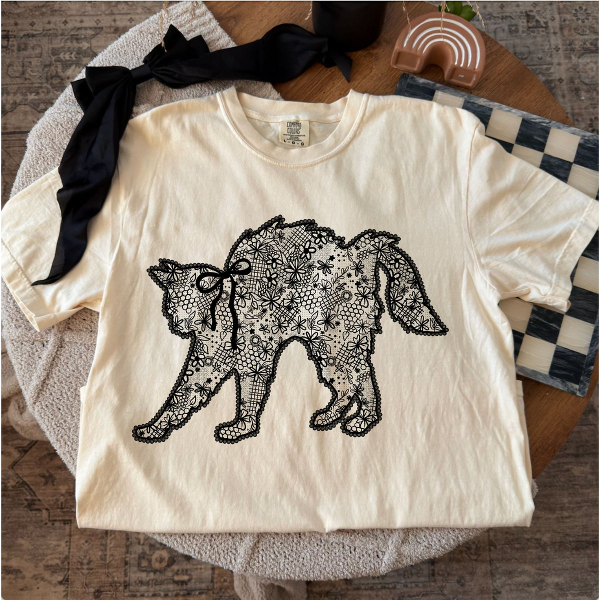Comfort Colors T-shirt flat lay mockup featuring lace black cat design