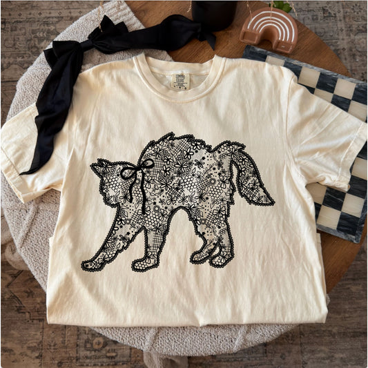 Comfort Colors T-shirt flat lay mockup featuring lace black cat design