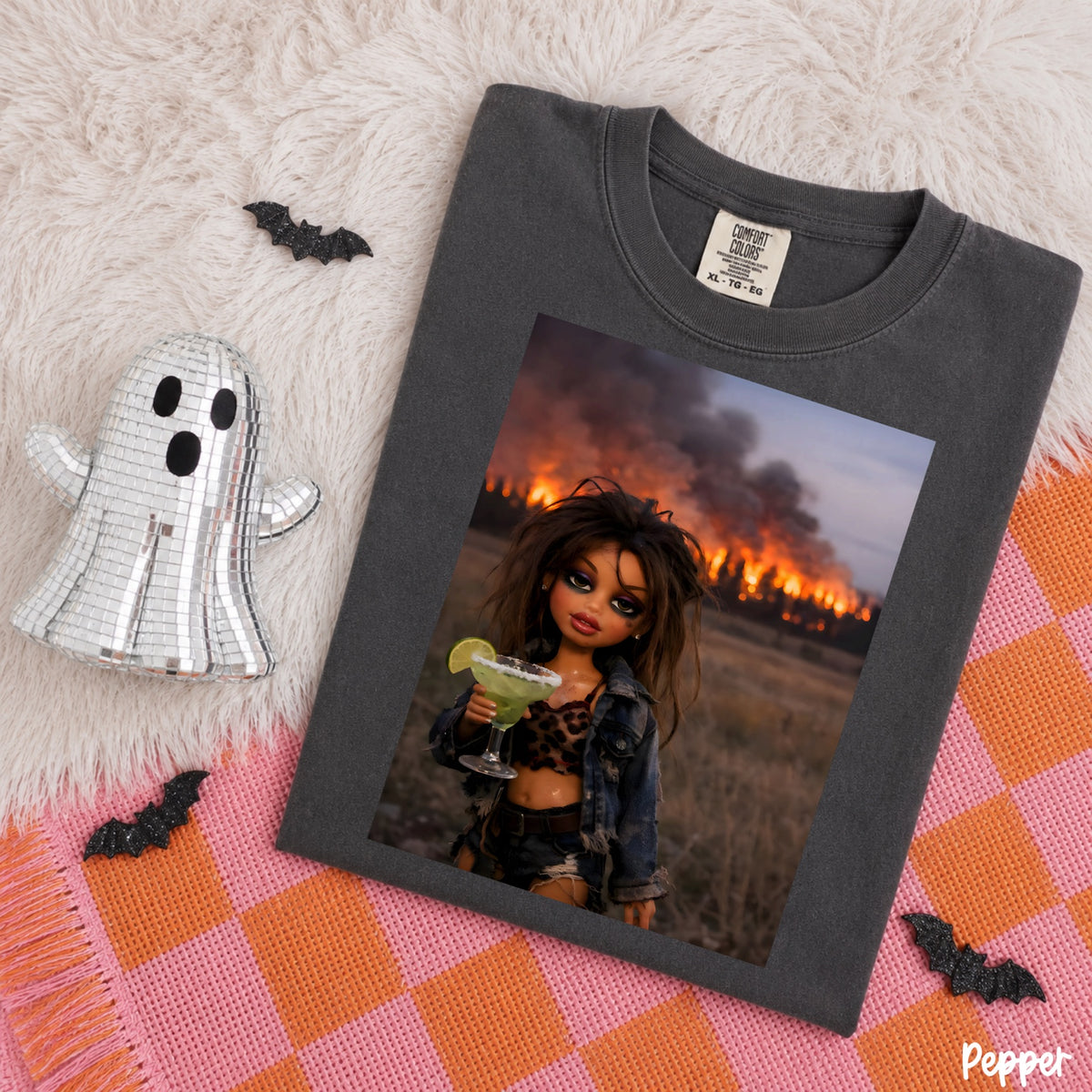 Comfort Colors Pepper T-shirt mockup featuring a brunette doll holding a margarita with flames in the background