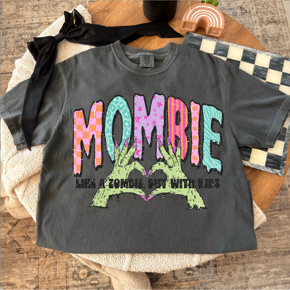 Comfort Colors T-shirt flat lay mockup featuring mombie with kids design