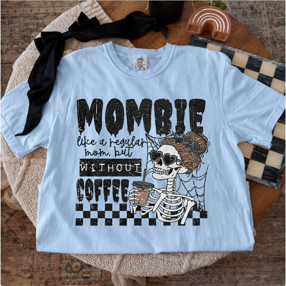 Mombie Without Coffee Comfort Colors Chambray styled color-preview mockup