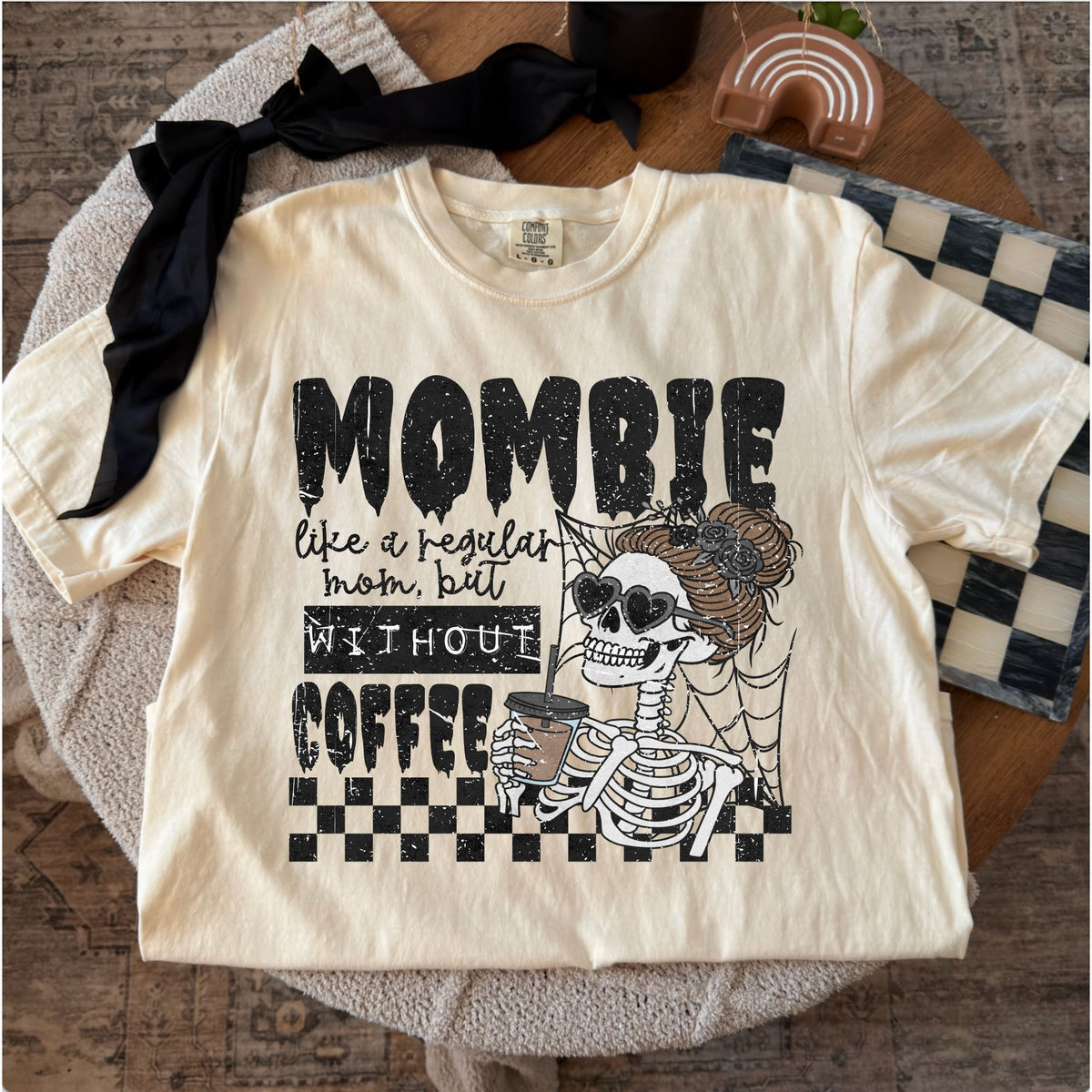 Comfort Colors T-shirt flat lay mockup featuring mombie without coffee design