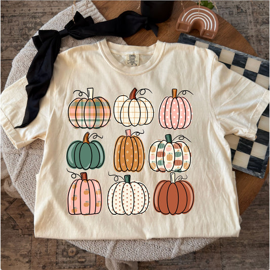 Comfort Colors T-shirt flat lay mockup featuring nine patterned pumpkins design