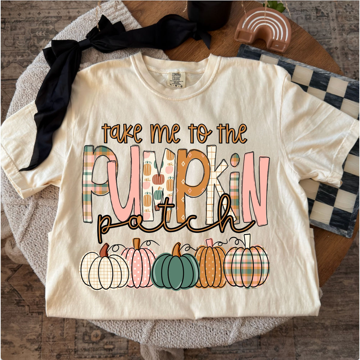 Comfort Colors T-shirt flat lay mockup featuring take me to the pumpkin patch design