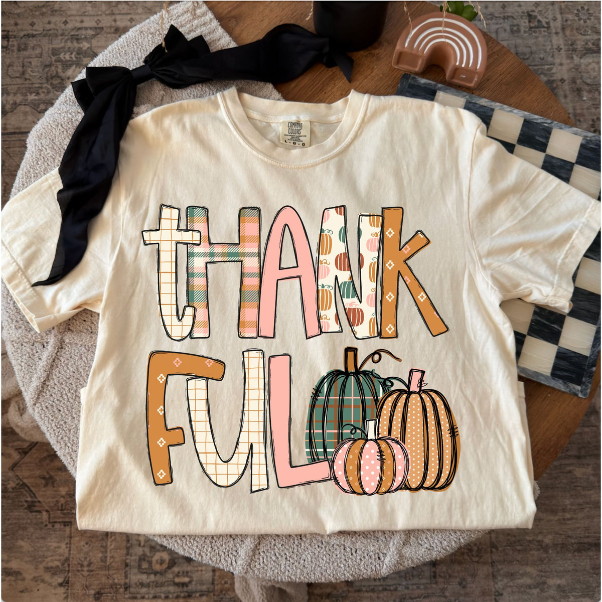 Comfort Colors T-shirt flat lay mockup featuring thankful pumpkins design