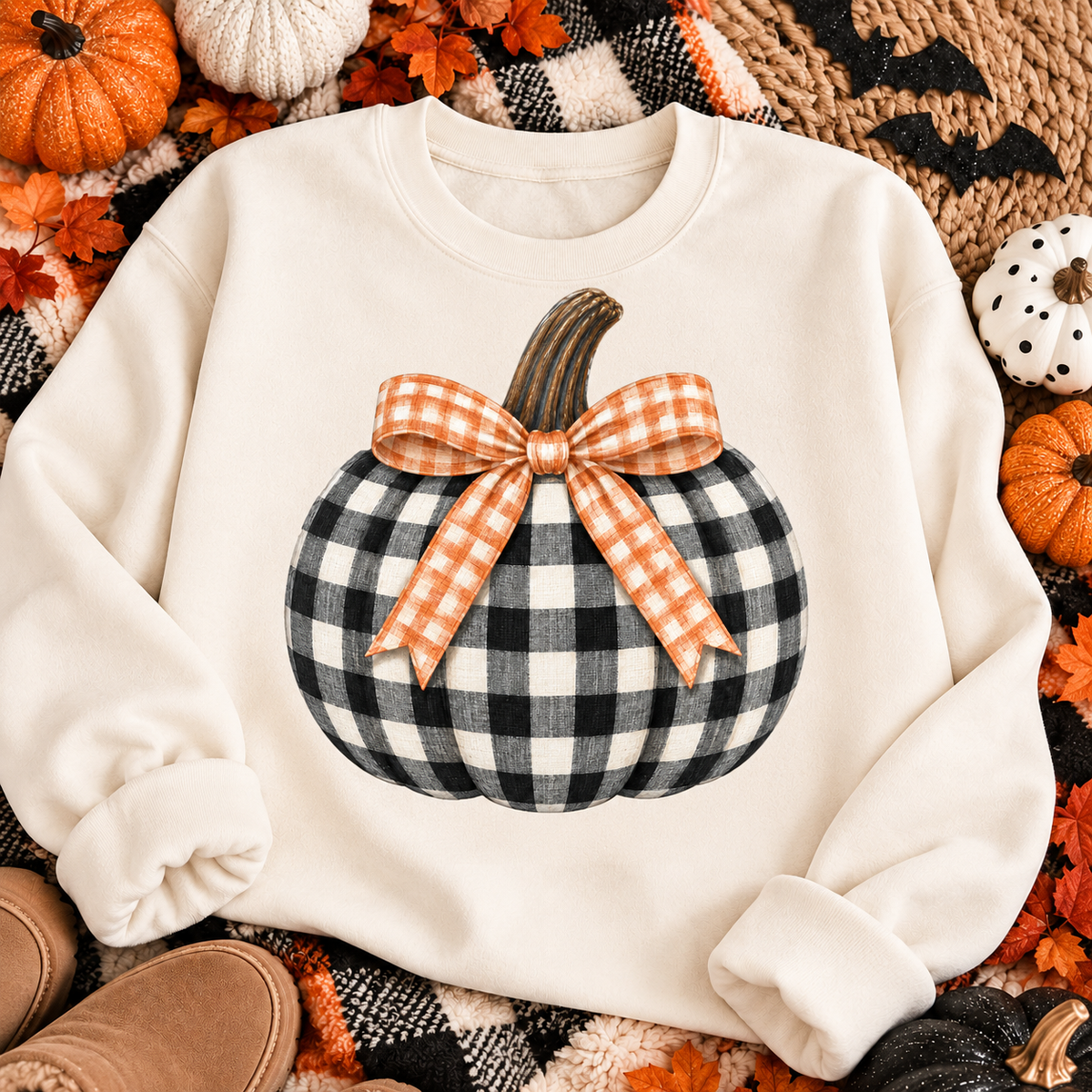 Checkered Pumpkin Bow on an ivory crewneck sweatshirt fall flat lay