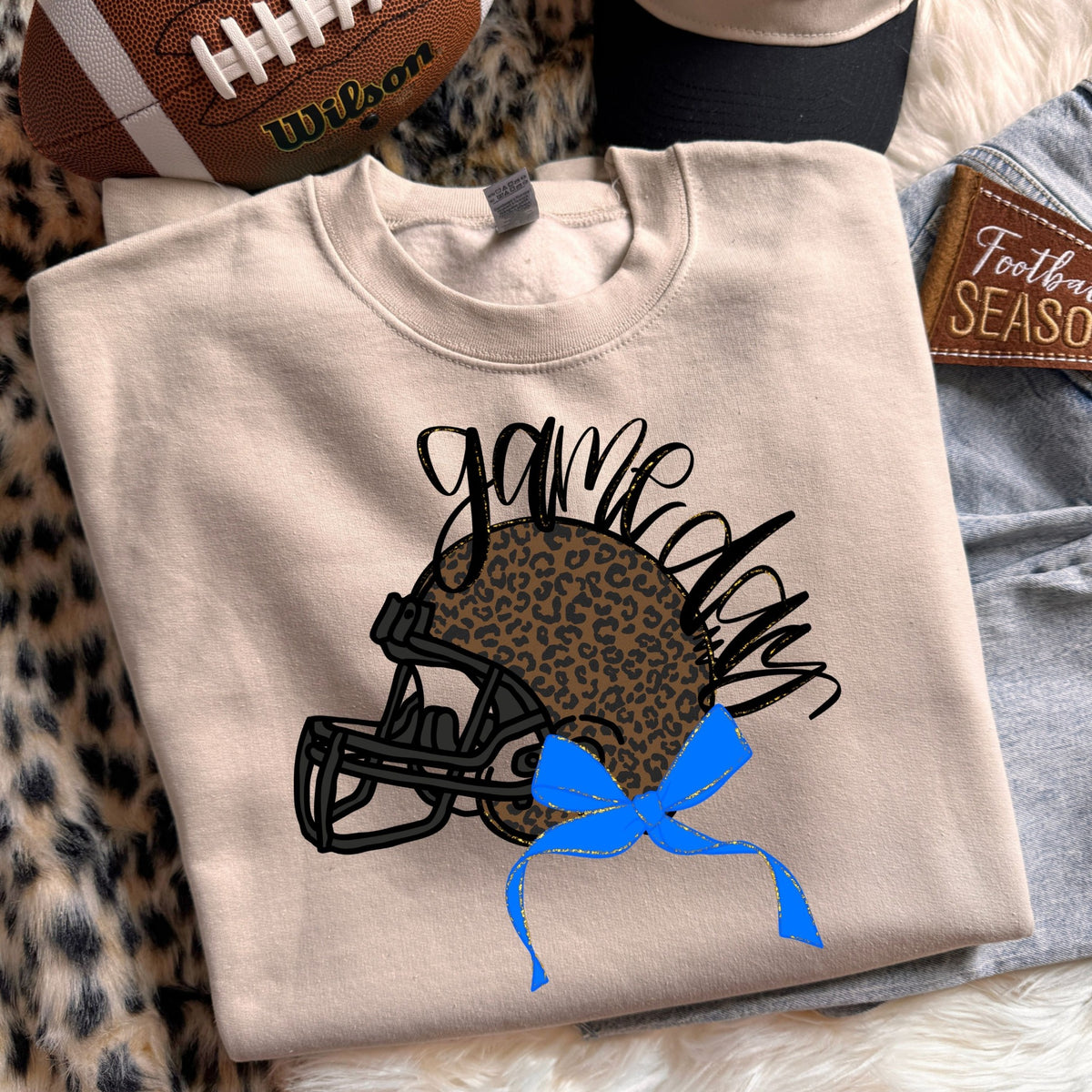 Gameday Leopard Helmet DTF Transfer #266 blue bow mockup