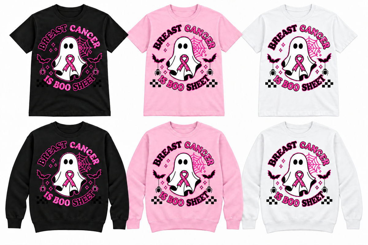 Breast Cancer Is Boo Sheet on Black, Light Pink, White tees and sweatshirts
