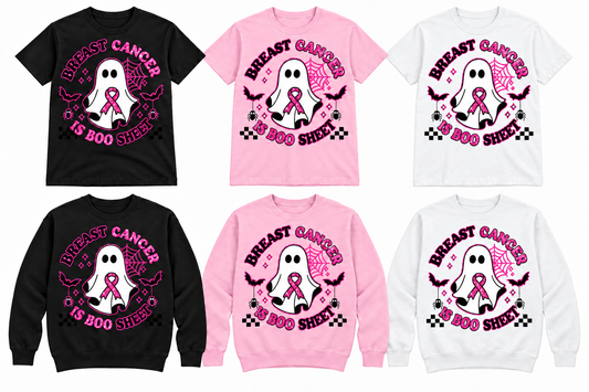 Breast Cancer Is Boo Sheet on Black, Light Pink, White tees and sweatshirts