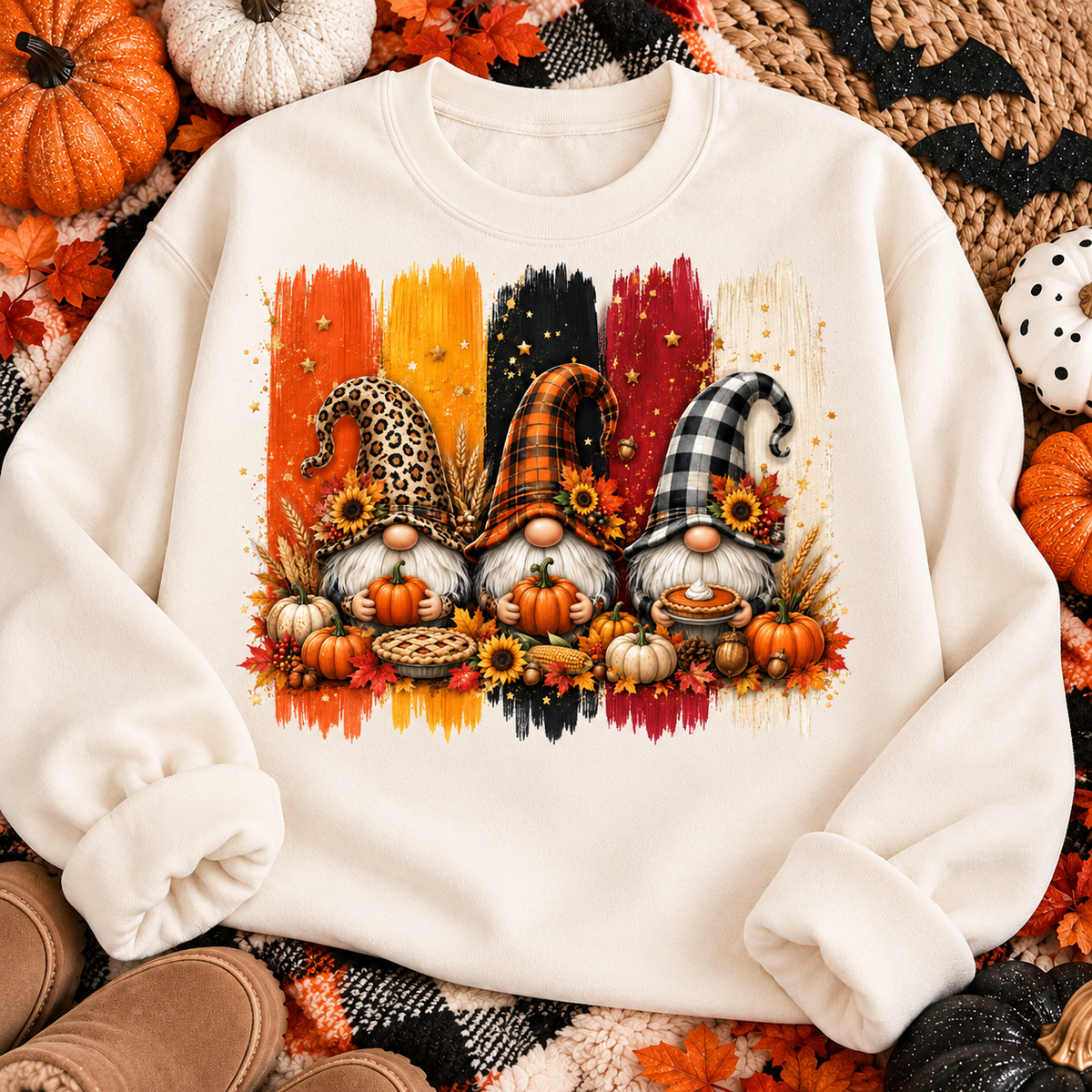 Fall Gnomes on a crewneck sweatshirt autumn flat lay
